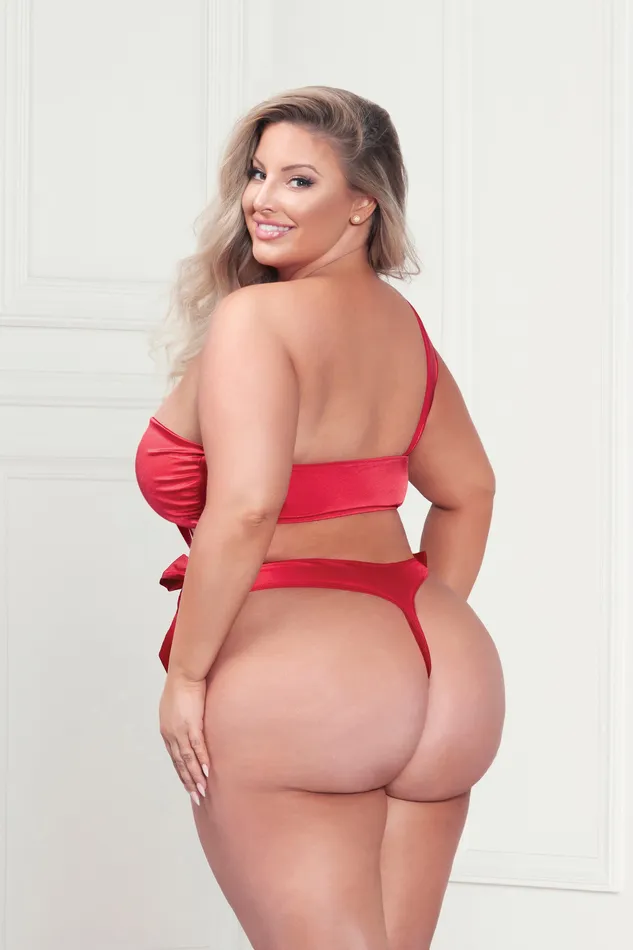 Female Sex Toys | Sale Two Piece Bra Set - Satin Bra With Assymetrical Shoulder Strap, Satin Ribbon Bows, and Thong