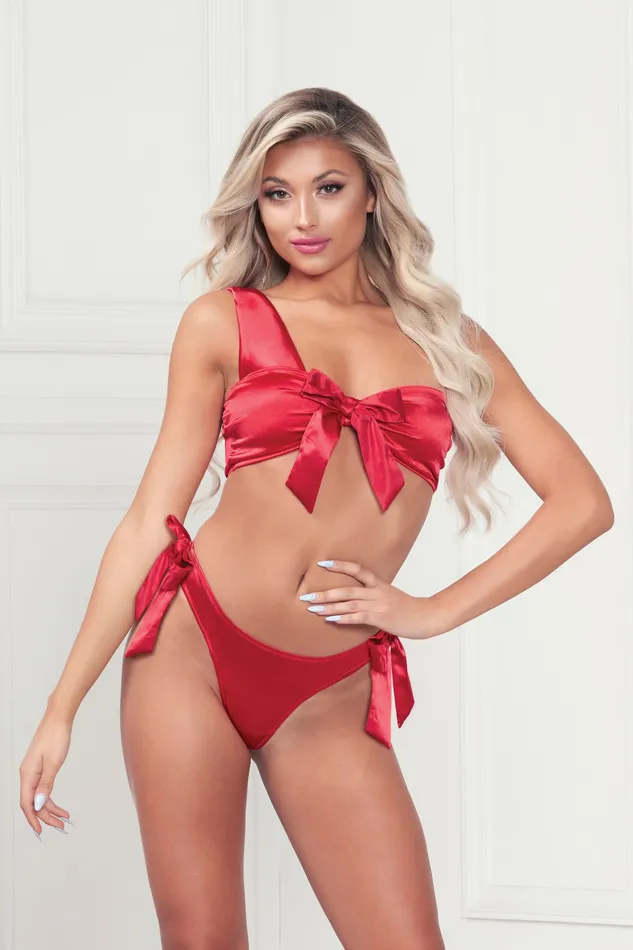 Female Sex Toys | Sale Two Piece Bra Set - Satin Bra With Assymetrical Shoulder Strap, Satin Ribbon Bows, and Thong